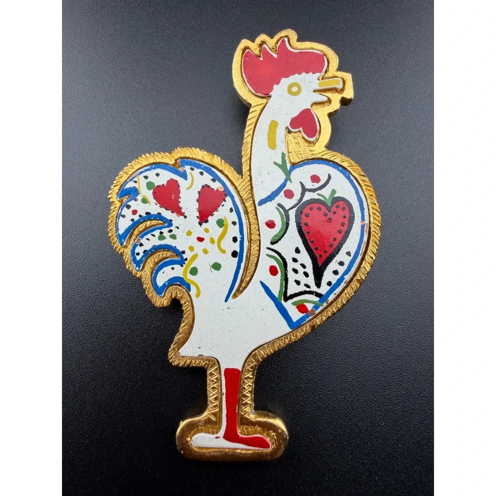 Rooster Brooch White Red‎ Gold Retro Vintage Folk Art Heart Kitsch Cottagecore